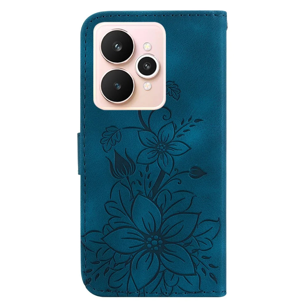 For Realme 15 Pro 5G  /  15 5G Stand Case Lily Flower Imprint Leather Phone Cover with Wrist Strap - Dark Blue - 7