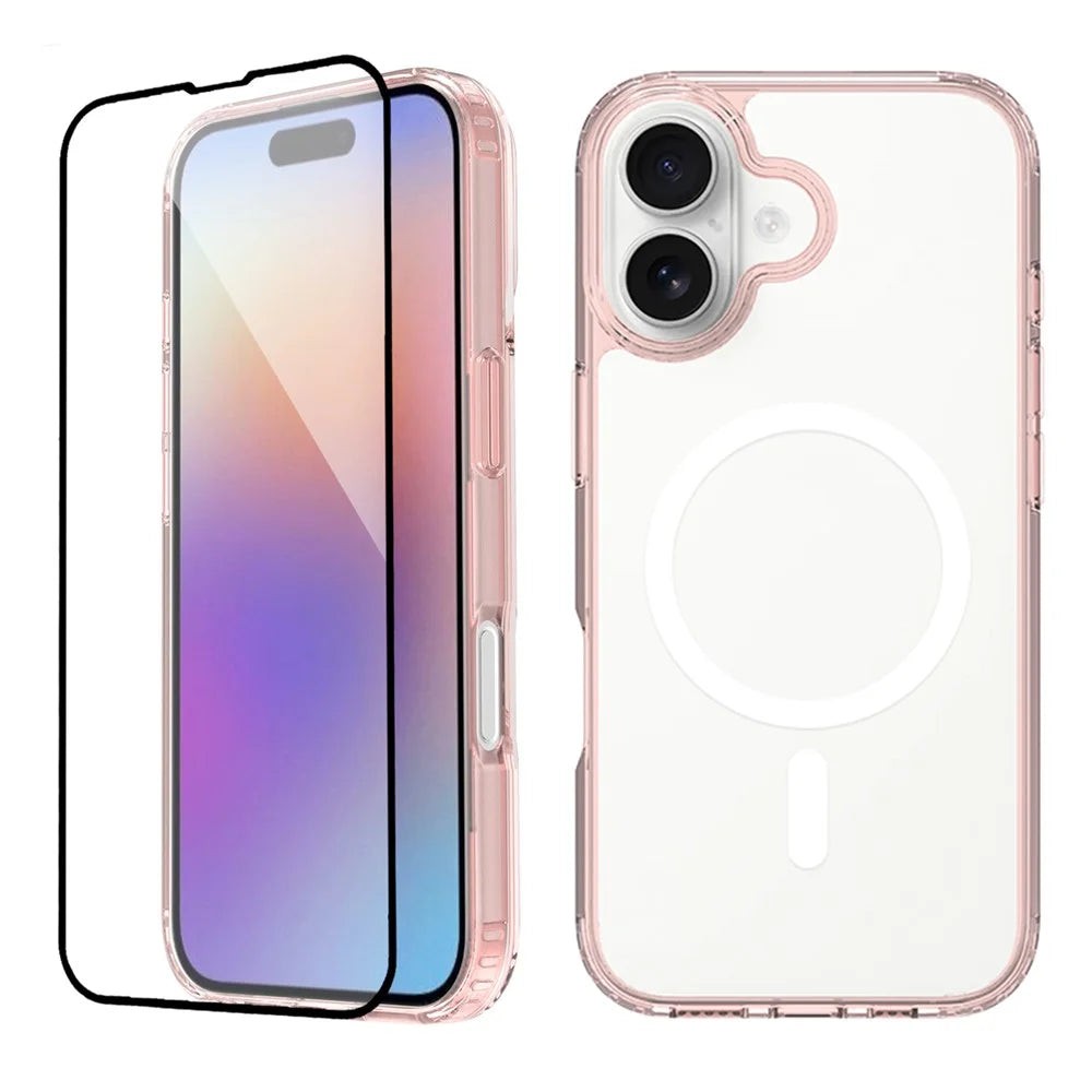 For iPhone 17 Case Compatible with MagSafe PC + TPU Clear Phone Cover with Tempered Glass Screen Protector - Pink - 1