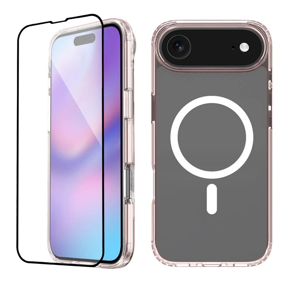 For iPhone Air Case Compatible with MagSafe PC + TPU Clear Phone Cover with Tempered Glass Screen Protector - Pink - 1