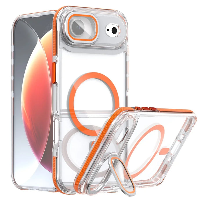 For iPhone Air Magnetic Case TPU Acrylic Clear Phone Back Cover with Lens Protector Kickstand - Orange - 1