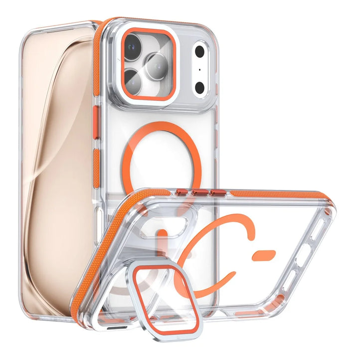 For iPhone 18 Pro / 17  Pro Magnetic Case TPU Acrylic Clear Phone Back Cover with Lens Protector Kickstand - Orange - 1