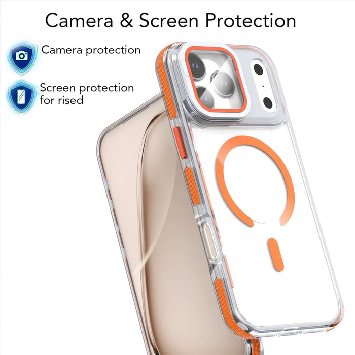 For iPhone 18 Pro / 17  Pro Magnetic Case TPU Acrylic Clear Phone Back Cover with Lens Protector Kickstand - Orange - 5