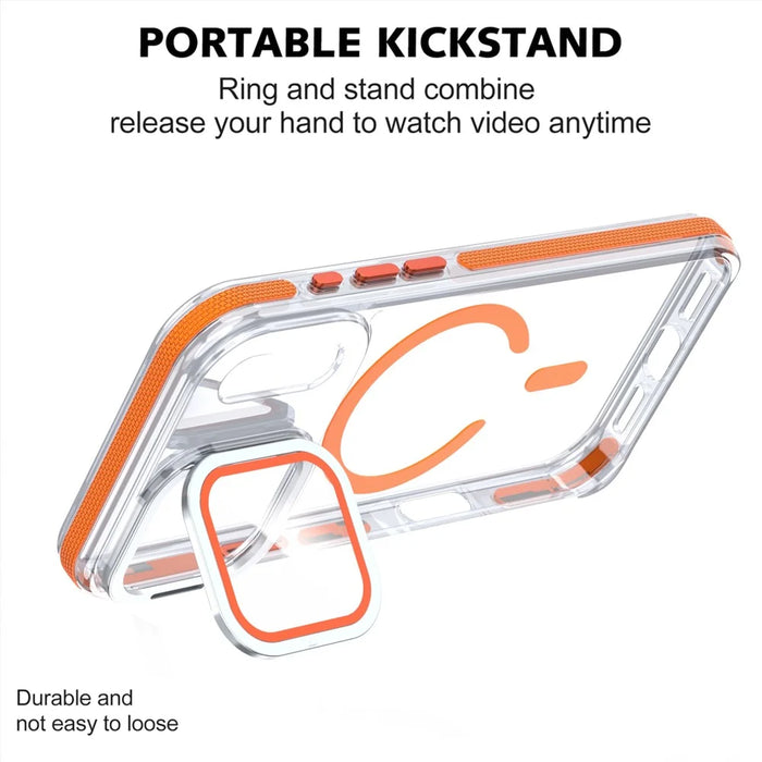 For iPhone 18 Pro Max / 17 Pro Max Magnetic Case TPU Acrylic Clear Phone Back Cover with Lens Protector Kickstand - Orange - 2