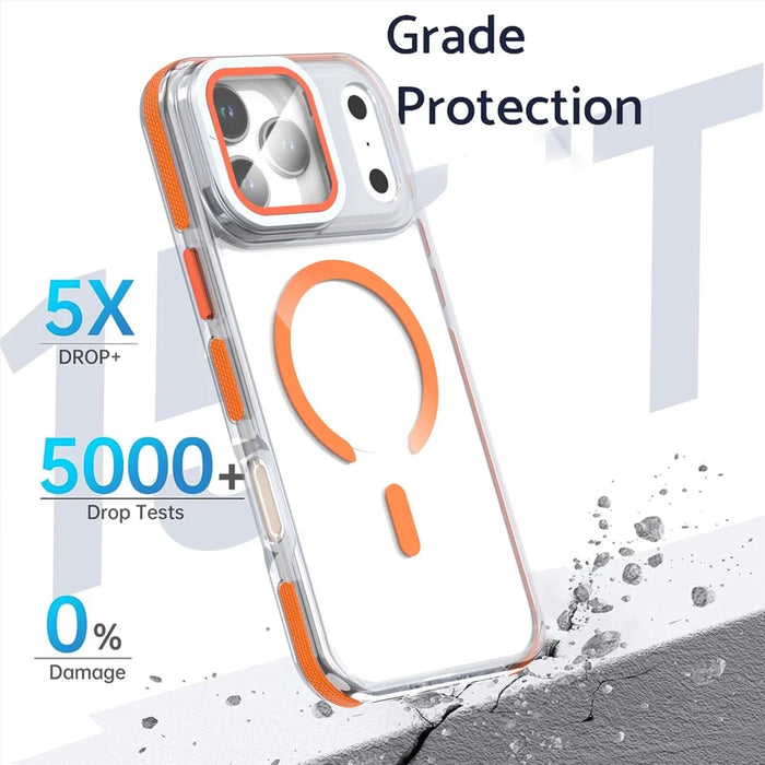 For iPhone 18 Pro Max / 17 Pro Max Magnetic Case TPU Acrylic Clear Phone Back Cover with Lens Protector Kickstand - Orange - 4
