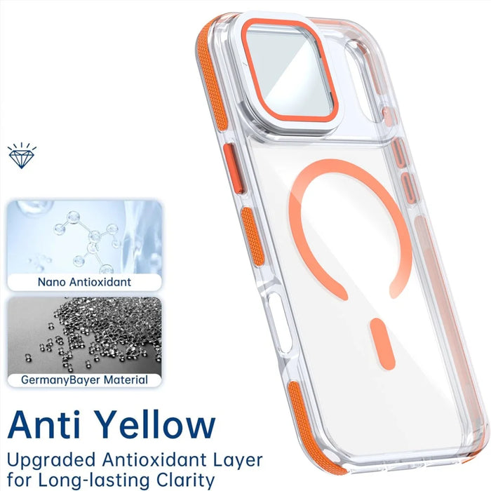 For iPhone 18 Pro Max / 17 Pro Max Magnetic Case TPU Acrylic Clear Phone Back Cover with Lens Protector Kickstand - Orange - 6