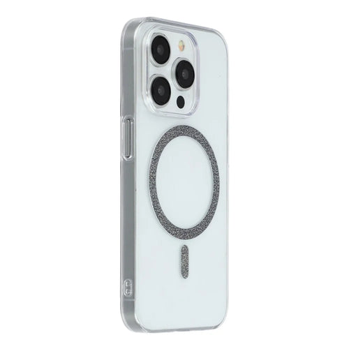 For iPhone 14 Pro Max Magnetic Case Glitter Ring 1.5mm Hard PC Clear Phone Cover - Black - 1