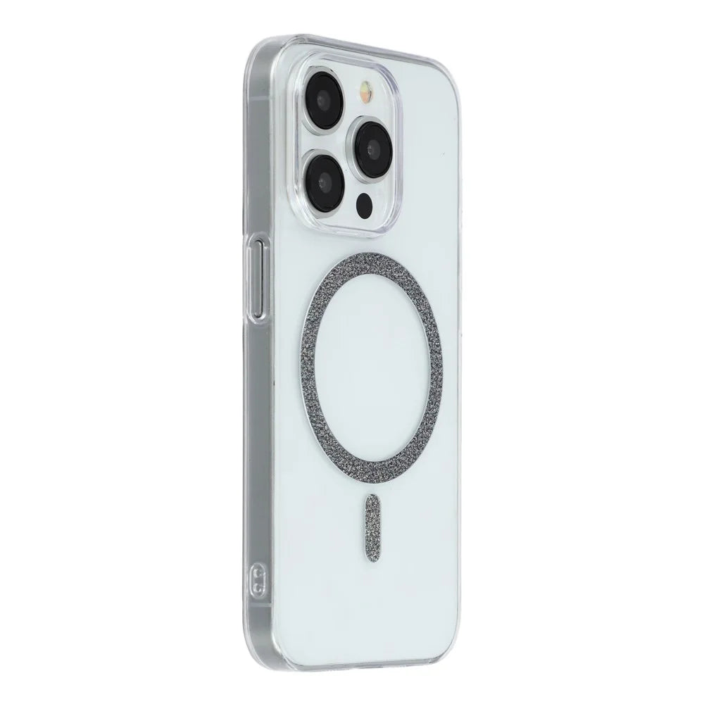 For iPhone 14 Pro Magnetic Case Glitter Ring 1.5mm Hard PC Clear Phone Cover - Black - 1
