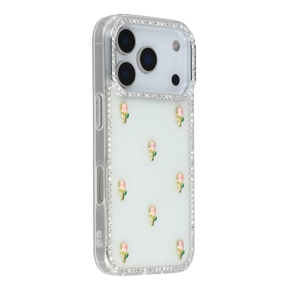 For iPhone 18 Pro Max / 17 Pro Max Case Rhinestone Edge Small Tulips Decor TPU + PC IMD Phone Cover - Glitter White - 1