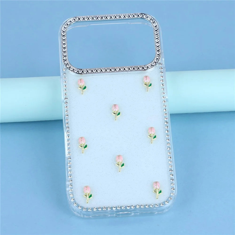 For iPhone 18 Pro Max / 17 Pro Max Case Rhinestone Edge Small Tulips Decor TPU + PC IMD Phone Cover - Glitter White - 6