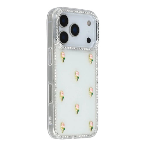 For iPhone 18 Pro / 17 Pro Case Rhinestone Edge Small Tulips Decor TPU + PC IMD Phone Cover - Glitter White - 1