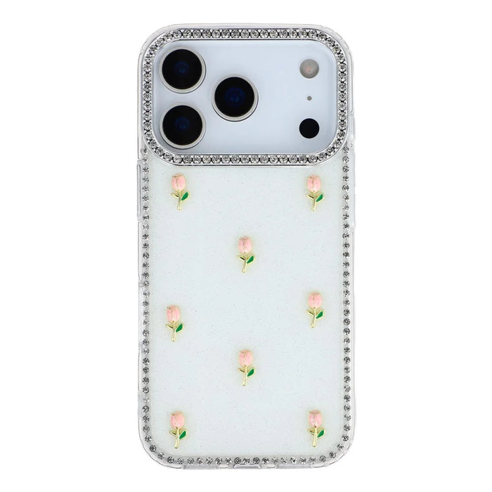 For iPhone 18 Pro / 17 Pro Case Rhinestone Edge Small Tulips Decor TPU + PC IMD Phone Cover - Glitter White - 3