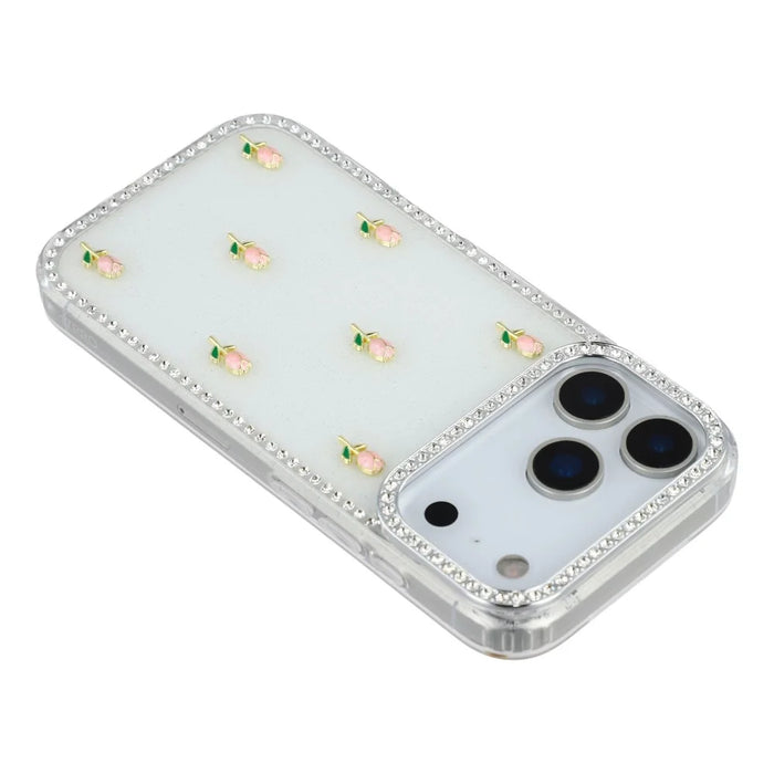 For iPhone 18 Pro / 17 Pro Case Rhinestone Edge Small Tulips Decor TPU + PC IMD Phone Cover - Glitter White - 5