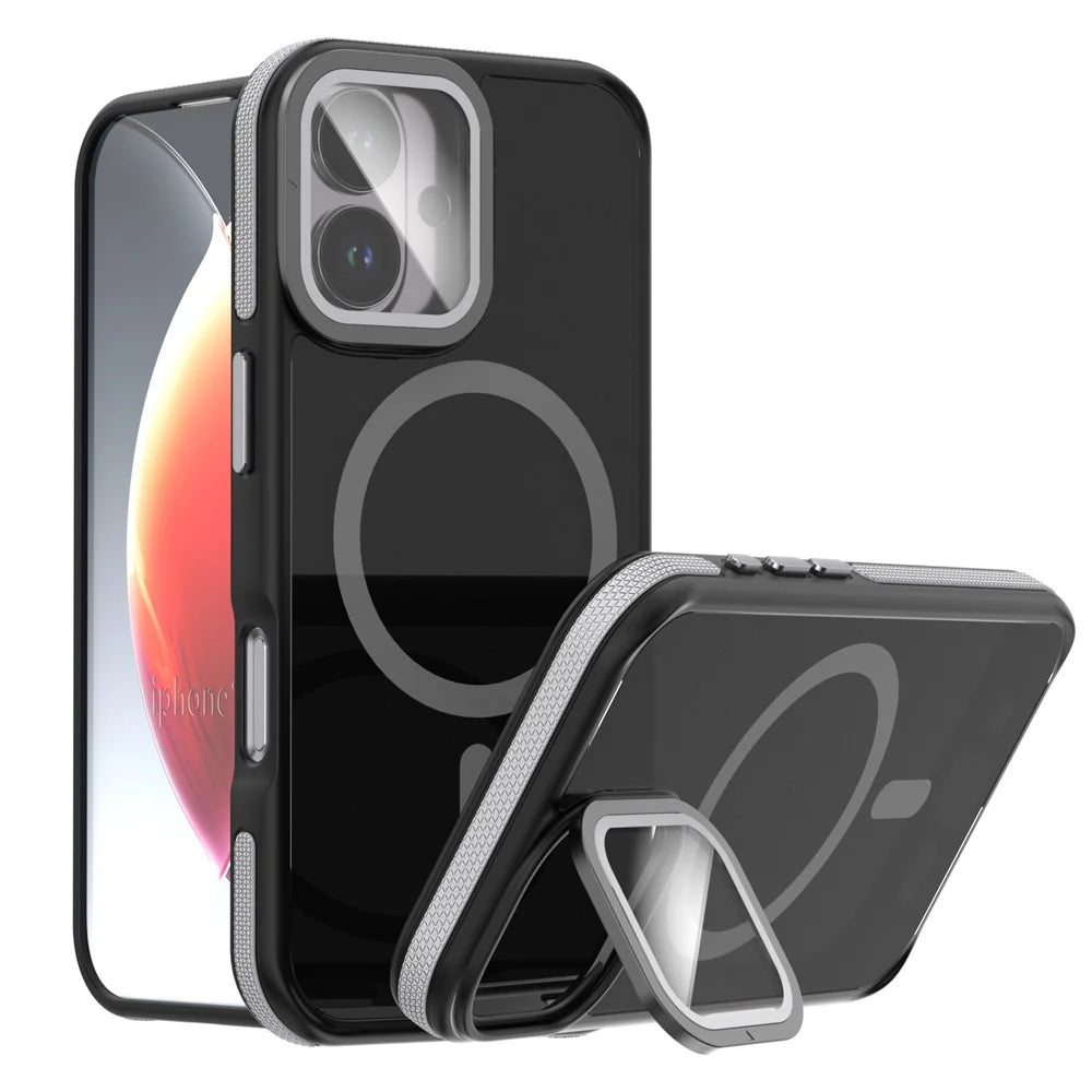 For iPhone 17 Magnetic Case Skin-Touch TPU Acrylic Phone Back Cover with Lens Protector Kickstand - Grey - 1