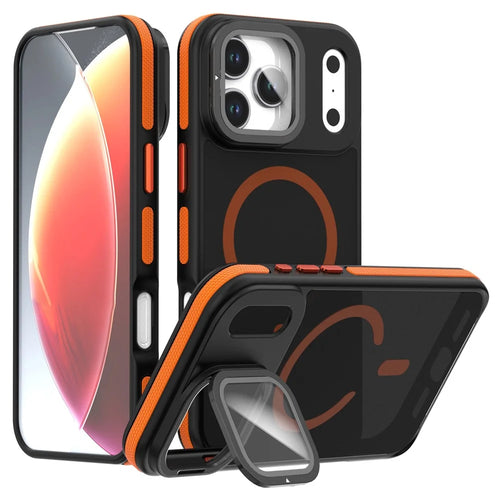 For iPhone 18 Pro / 17  Pro Magnetic Case Skin-Touch TPU Acrylic Phone Back Cover with Lens Protector Kickstand - Orange - 1