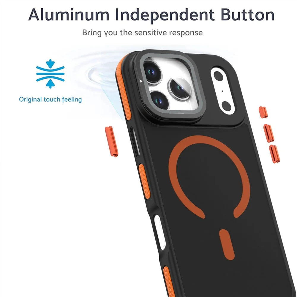 For iPhone 18 Pro / 17  Pro Magnetic Case Skin-Touch TPU Acrylic Phone Back Cover with Lens Protector Kickstand - Orange - 3