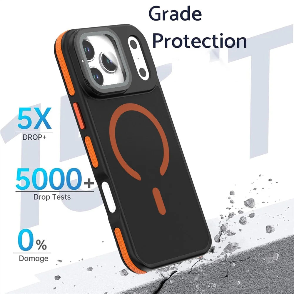 For iPhone 18 Pro / 17  Pro Magnetic Case Skin-Touch TPU Acrylic Phone Back Cover with Lens Protector Kickstand - Orange - 4