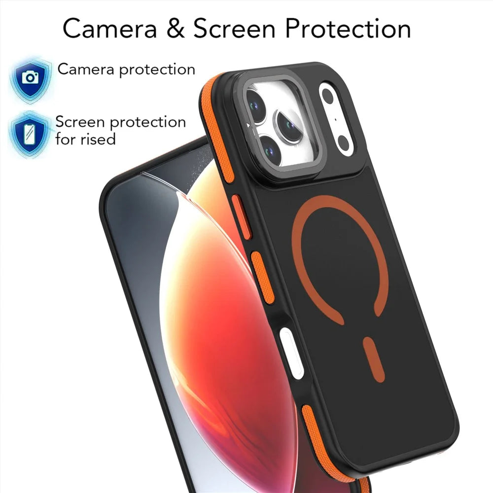 For iPhone 18 Pro / 17  Pro Magnetic Case Skin-Touch TPU Acrylic Phone Back Cover with Lens Protector Kickstand - Orange - 5