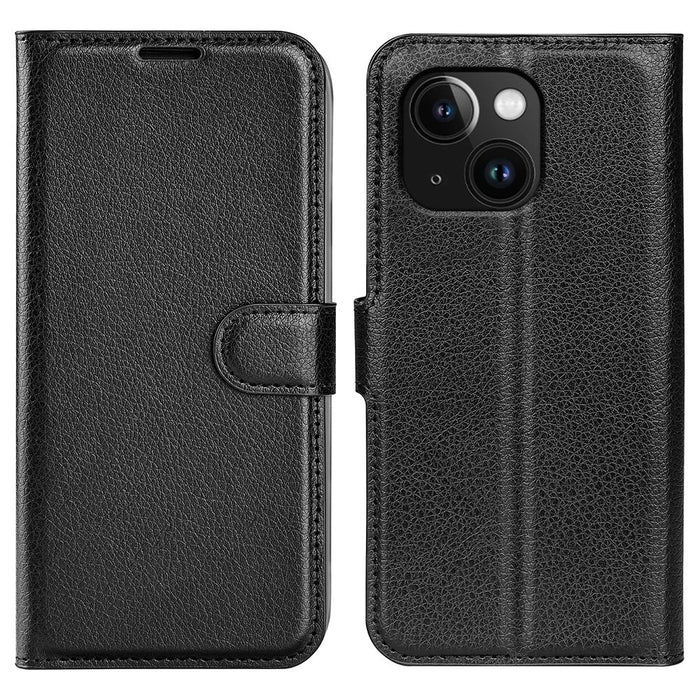 AMORUS For iPhone 15 Wallet Case Litchi Texture Shockproof Leather Flip Stand Phone Cover - Black - 1