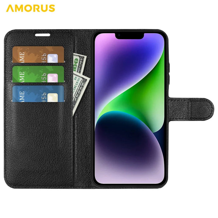 AMORUS For iPhone 15 Wallet Case Litchi Texture Shockproof Leather Flip Stand Phone Cover - Black - 2