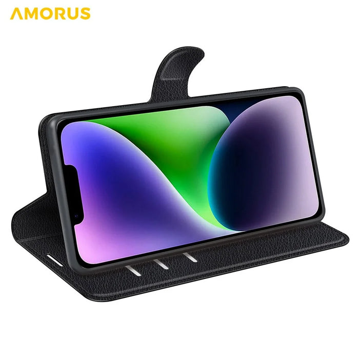 AMORUS For iPhone 15 Wallet Case Litchi Texture Shockproof Leather Flip Stand Phone Cover - Black - 3