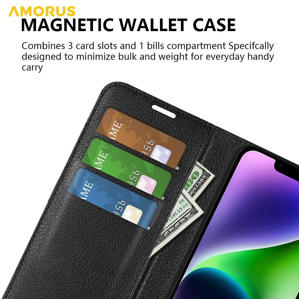 AMORUS For iPhone 15 Wallet Case Litchi Texture Shockproof Leather Flip Stand Phone Cover - Black - 6