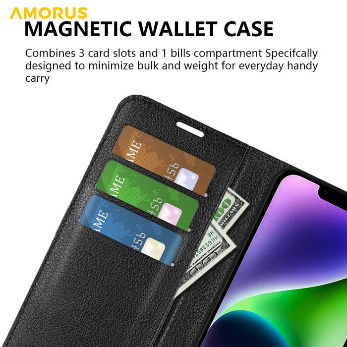 AMORUS For iPhone 15 Wallet Case Litchi Texture Shockproof Leather Flip Stand Phone Cover - Black - 6