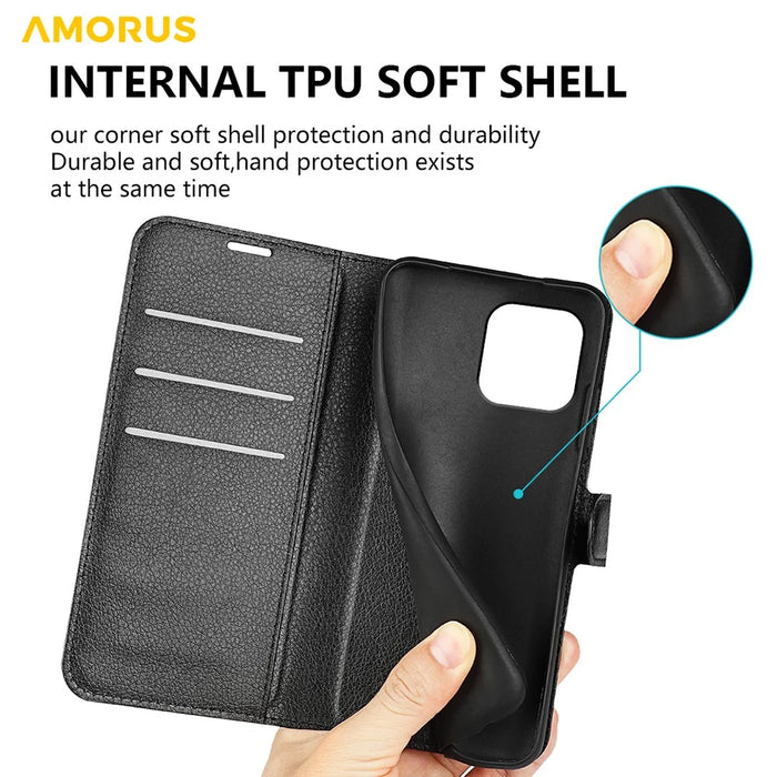 AMORUS For iPhone 15 Wallet Case Litchi Texture Shockproof Leather Flip Stand Phone Cover - Black - 7