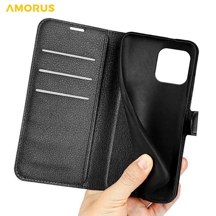 AMORUS For iPhone 15 Plus Wallet Case Litchi Texture Shockproof Leather Flip Stand Phone Cover - Black - 5