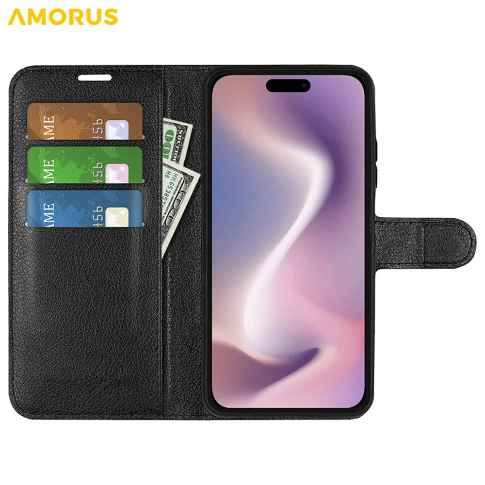 AMORUS For iPhone 16 Plus Wallet Case Litchi Texture Shockproof Leather Flip Stand Phone Cover - Black - 2