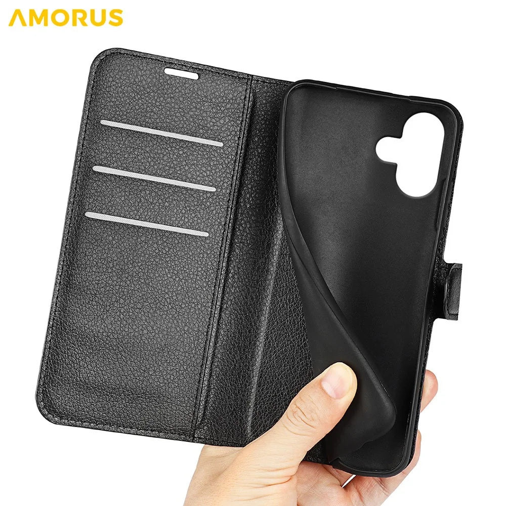 AMORUS For iPhone 16 Plus Wallet Case Litchi Texture Shockproof Leather Flip Stand Phone Cover - Black - 5