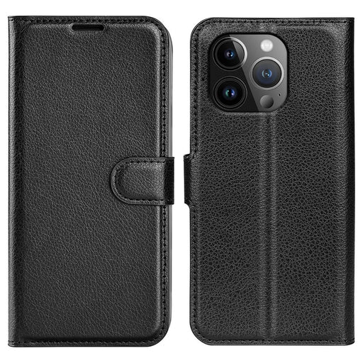 AMORUS For iPhone 15 Pro Wallet Case Litchi Texture Shockproof Leather Flip Stand Phone Cover - Black - 1