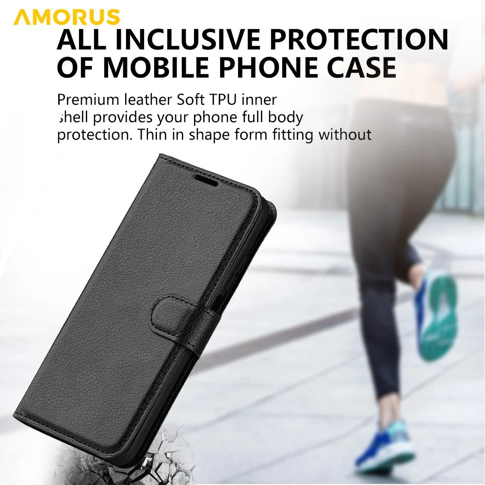 AMORUS For iPhone 15 Pro Wallet Case Litchi Texture Shockproof Leather Flip Stand Phone Cover - Black - 7