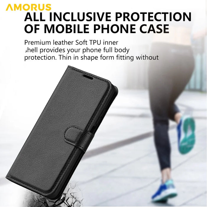AMORUS For iPhone 15 Pro Wallet Case Litchi Texture Shockproof Leather Flip Stand Phone Cover - Black - 7