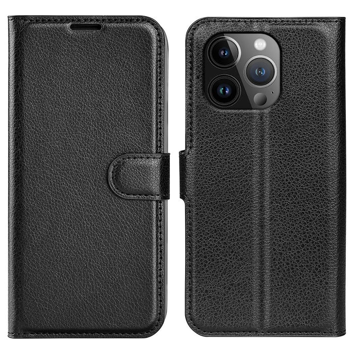 AMORUS For iPhone 15 Pro Max Wallet Case Litchi Texture Shockproof Leather Flip Stand Phone Cover - Black - 1