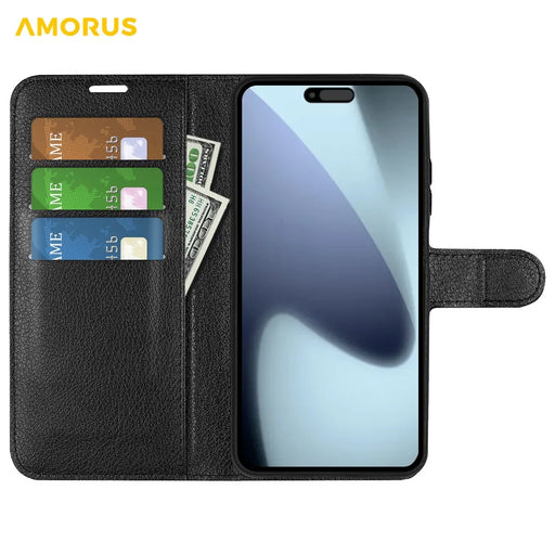 AMORUS For iPhone 17 Wallet Case Litchi Texture Shockproof Leather Flip Stand Phone Cover - Black - 2