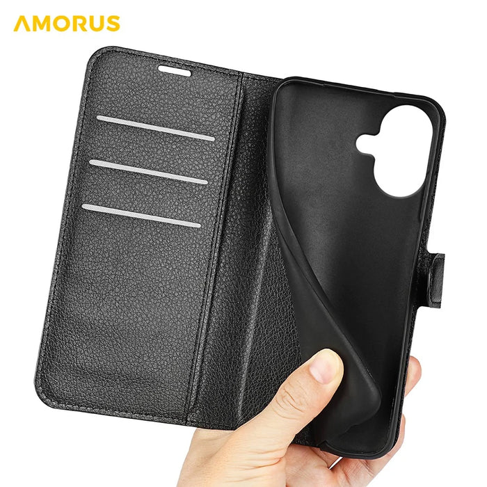 AMORUS For iPhone 17 Wallet Case Litchi Texture Shockproof Leather Flip Stand Phone Cover - Black - 4