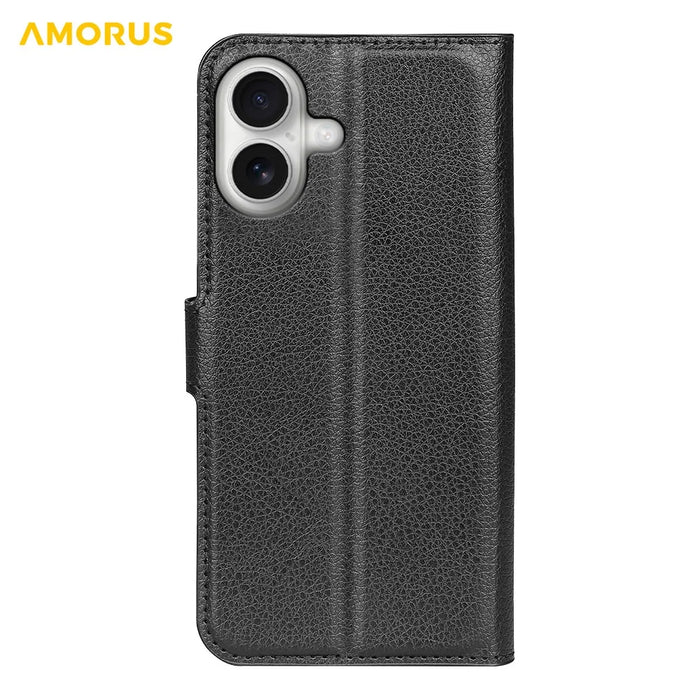 AMORUS For iPhone 17 Wallet Case Litchi Texture Shockproof Leather Flip Stand Phone Cover - Black - 6