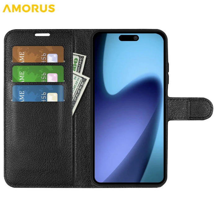 AMORUS For iPhone Air Wallet Case Litchi Texture Shockproof Leather Flip Stand Phone Cover - Black - 2