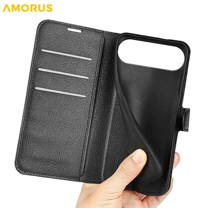 AMORUS For iPhone Air Wallet Case Litchi Texture Shockproof Leather Flip Stand Phone Cover - Black - 4