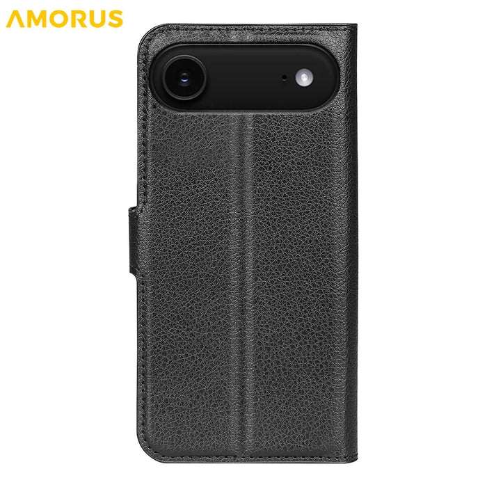 AMORUS For iPhone Air Wallet Case Litchi Texture Shockproof Leather Flip Stand Phone Cover - Black - 6
