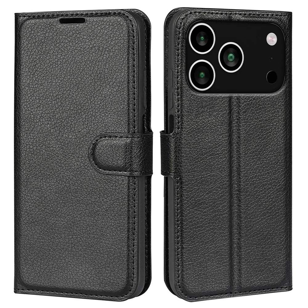 AMORUS For iPhone 18 Pro Max / 17 Pro Max Wallet Case Litchi Texture Shockproof Leather Flip Stand Phone Cover - Black - 1