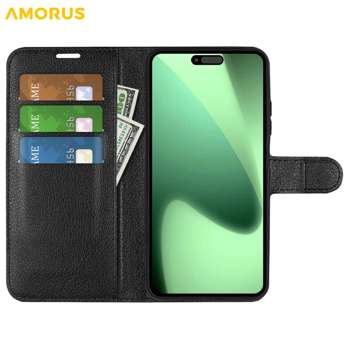 AMORUS For iPhone 18 Pro Max / 17 Pro Max Wallet Case Litchi Texture Shockproof Leather Flip Stand Phone Cover - Black - 2