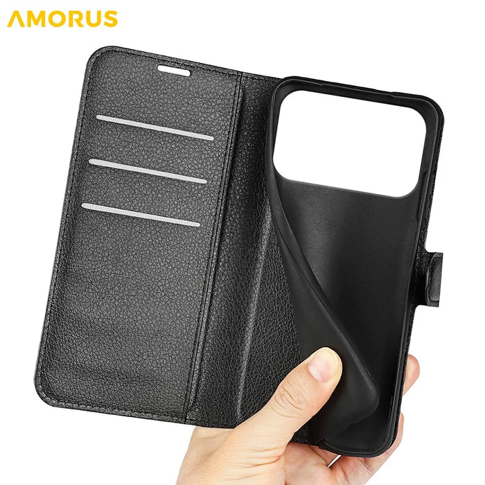 AMORUS For iPhone 18 Pro Max / 17 Pro Max Wallet Case Litchi Texture Shockproof Leather Flip Stand Phone Cover - Black - 4