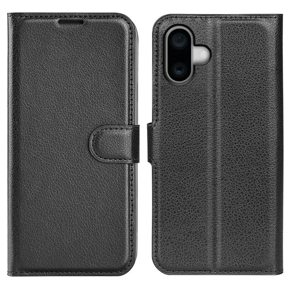 AMORUS For iPhone 16 Wallet Case Litchi Texture Shockproof Leather Flip Stand Phone Cover - Black - 1