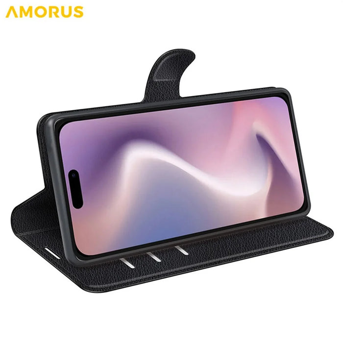 AMORUS For iPhone 16 Wallet Case Litchi Texture Shockproof Leather Flip Stand Phone Cover - Black - 3