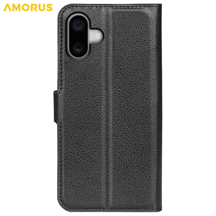 AMORUS For iPhone 16 Wallet Case Litchi Texture Shockproof Leather Flip Stand Phone Cover - Black - 7