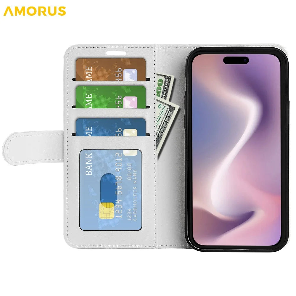 AMORUS For iPhone 16 Pro Wallet Case Litchi Texture Shockproof Leather Flip Stand Phone Cover - White - 2