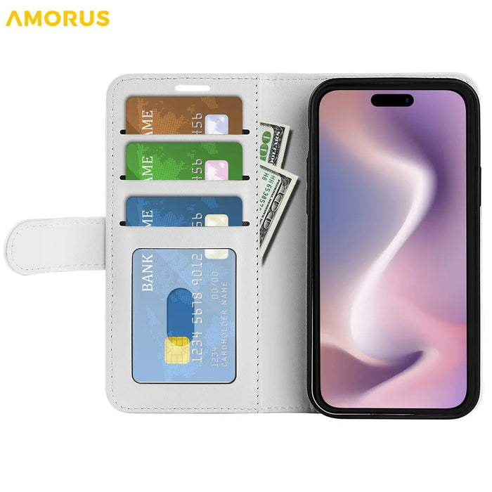 AMORUS For iPhone 16 Pro Wallet Case Litchi Texture Shockproof Leather Flip Stand Phone Cover - White - 2