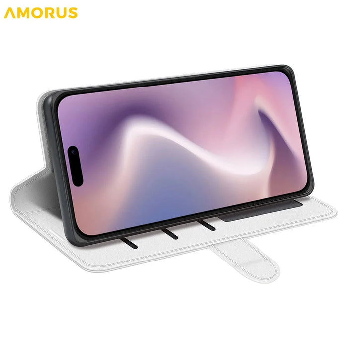 AMORUS For iPhone 16 Pro Wallet Case Litchi Texture Shockproof Leather Flip Stand Phone Cover - White - 3