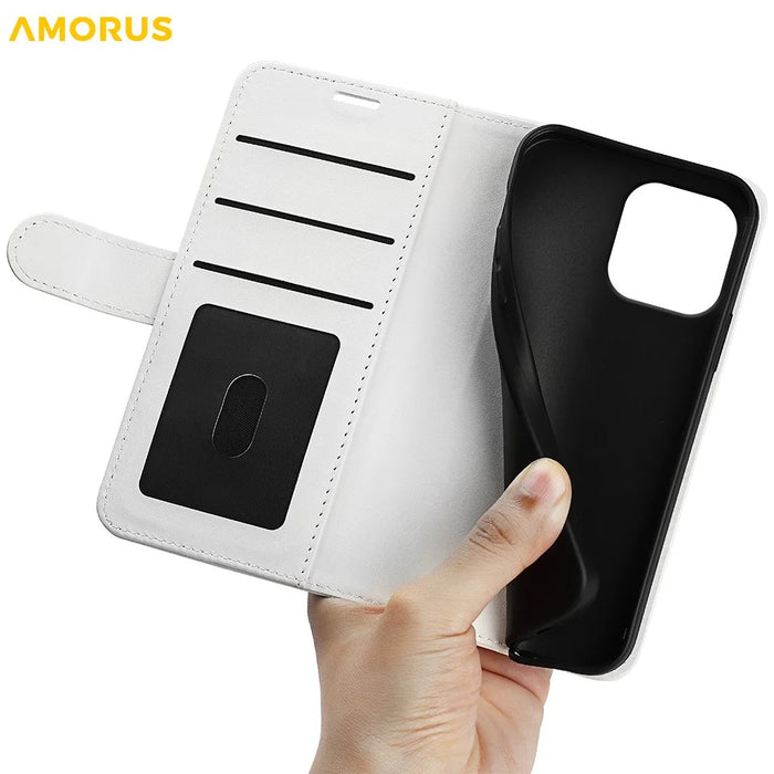 AMORUS For iPhone 16 Pro Wallet Case Litchi Texture Shockproof Leather Flip Stand Phone Cover - White - 4